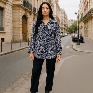Rebecca Taylor Black and Brown Leopard Print Blouse Relaxed Fit